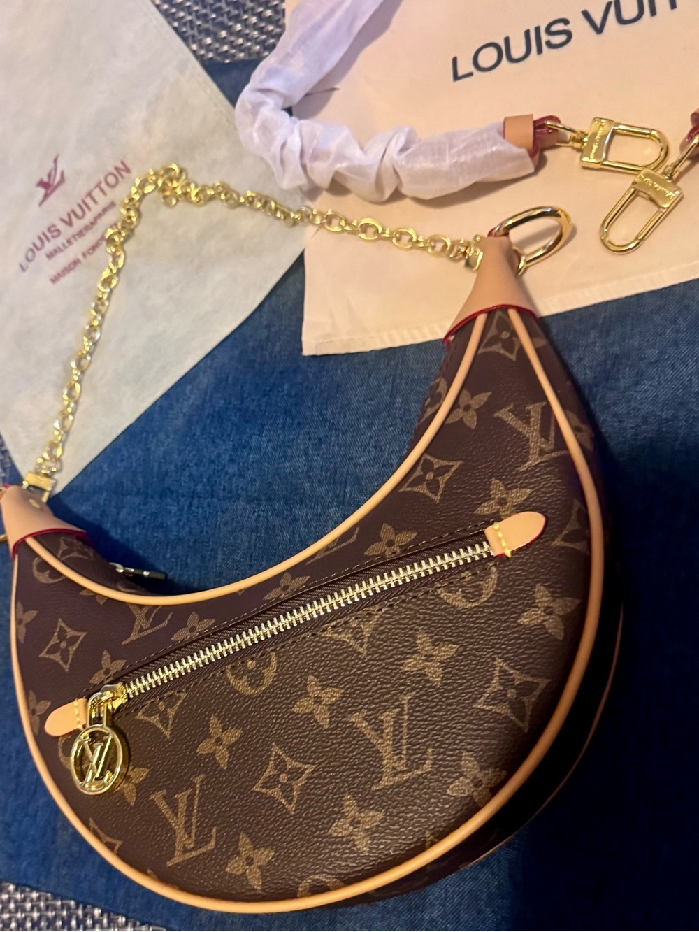 Tan and brown hoop Monogram Crescent Chain Shoulder Bag